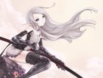  armor boots elbow_gloves elf flower gloves grey_eyes kazuoki long_hair navel original pointy_ears silver_hair sitting solo sword thigh_boots thighhighs weapon wind 