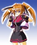  blue_eyes cropped_vest gloves lyrical_nanoha magical_girl mahou_shoujo_lyrical_nanoha_strikers open_clothes open_vest orange_hair short_twintails solo teana_lanster twintails vest wakabayashi_makoto 