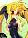  :o bare_shoulders blonde_hair breasts covered_navel fate_testarossa hotori_(sion) long_hair looking_at_viewer lyrical_nanoha mahou_shoujo_lyrical_nanoha open_mouth red_eyes sidelocks skin_tight small_breasts solo twintails upper_body very_long_hair 