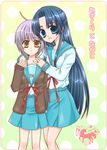  asakura_ryouko blue_eyes blue_hair bow brown_coat bubble_background coat kanji kita_high_school_uniform long_hair long_sleeves looking_at_viewer multiple_girls nagato_yuki purple_hair red_bow school_uniform serafuku short_hair signature suzumiya_haruhi_no_yuuutsu unicorn yellow_eyes yunico 