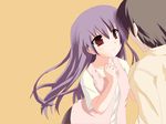  1girl black_hair contemporary eimaisaki faceless faceless_male long_hair orange_background original purple_hair red_eyes shirt vest 