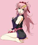  :d ass bare_shoulders barefoot blue_eyes bottomless fingerless_gloves gloves gundam gundam_seed gundam_seed_destiny haro highres japanese_clothes lacus_clyne long_hair looking_at_viewer looking_back no_panties open_mouth pink_hair ponytail sitting sleeveless smile soles solo wariza zundarepon 