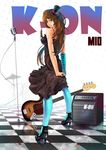  akiyama_mio aqua_legwear arms_behind_back bad_id bad_pixiv_id bass_guitar brown_hair don't_say_&quot;lazy&quot; dress elbow_gloves from_behind gloves hands_clasped hat high_heels highres instrument k-on! long_hair looking_back microphone microphone_stand mini_hat mini_top_hat own_hands_together pantyhose shoes solo speaker standing top_hat woxiljj 