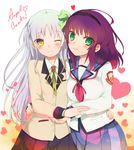  angel_beats! bad_id bad_pixiv_id blazer bow green_eyes hairband heart highres jacket kippu long_hair multiple_girls purple_hair school_uniform silver_hair skirt smile tenshi_(angel_beats!) yellow_eyes yuri_(angel_beats!) 