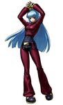  bellbottoms blue_hair bodysuit hands_above_head kula_diamond long_hair looking_at_viewer official_art ogura_eisuke red_eyes simple_background solo the_king_of_fighters the_king_of_fighters_xiii white_background 