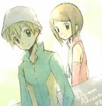  1girl blonde_hair blue_eyes brown_eyes brown_hair digimon digimon_adventure digimon_adventure_02 eevee-moon green_shirt hair_ornament hairclip hat shirt short_hair smile takaishi_takeru yagami_hikari 