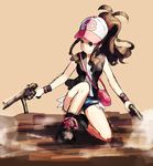  baseball_cap blue_eyes brown_hair commentary dual_wielding gun h&amp;k_mp5 handgun hat heckler_&amp;_koch holding pokemon pokemon_(game) pokemon_bw ponytail smile solo submachine_gun touko_(pokemon) weapon weee_(raemz) wristband 