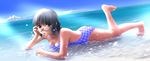  arm_support barefoot black_hair breasts brown_eyes casual_one-piece_swimsuit chin_rest cleavage dutch_angle glasses gunparade_orchestra leg_up lying making ocean on_stomach one-piece_swimsuit short_hair small_breasts solo submerged swimsuit tanoue_yukari water wavy_hair 