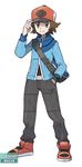  bag baseball_cap brown_eyes brown_hair hat jacket male_focus messenger_bag official_art pokemon pokemon_(game) pokemon_bw shoes shoulder_bag smile sneakers solo touya_(pokemon) watermark zipper 