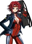  black_jacket blue_eyes bodysuit breasts buttons center_opening cleavage closed_mouth code_geass collarbone cowboy_shot flipped_hair gloves gun hand_on_hip hand_up headband high_collar highres hips holding holding_gun holding_weapon jacket kallen_stadtfeld legs_apart light_smile long_sleeves looking_at_viewer medium_breasts open_clothes open_jacket pilot_suit plunging_neckline red_gloves red_hair short_hair sidelocks smile solo transparent_background trigger_discipline unzipped vector_trace weapon 