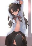  black_hair blue_eyes breasts cleavage duplicate fate/stay_night fate_(series) highres long_hair medium_breasts no_bra okazaki_takeshi open_clothes open_shirt shirt skirt solo thighhighs toosaka_rin two_side_up window zettai_ryouiki 