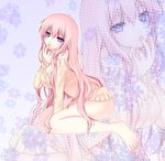  bare_shoulders barefoot blue_eyes bottomless breasts cleavage feet finger_to_mouth full_body hand_to_own_mouth hands highres large_breasts long_hair megurine_luka naked_sweater nana_mikoto no_pants pink_hair sitting solo sweater very_long_hair vocaloid zoom_layer 