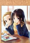  absurdres akiyama_mio bangs black_hair blue_eyes blunt_bangs brown_eyes brown_hair coat eating food french_fries goto_p hairband hamburger highres hime_cut k-on! long_hair multiple_girls scan scarf short_hair tainaka_ritsu 