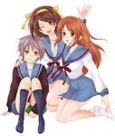  asahina_mikuru bad_id bad_pixiv_id book brown_eyes brown_hair cardigan grey_hair hair_ribbon hairband kita_high_school_uniform long_hair mskmyk multiple_girls nagato_yuki orange_hairband ribbon school_uniform serafuku short_hair suzumiya_haruhi suzumiya_haruhi_no_yuuutsu waving 