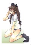  bow braid buruma glasses gym_uniform hair_bow hair_over_shoulder hands highres legs long_hair okazaki_takeshi original panties ribbon sock_pull socks solo twin_braids underwear 