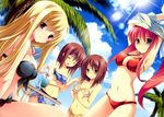  3girls absurdres armpits bikini blonde_hair blue_eyes blush breast_envy breasts brown_eyes brown_hair cleavage closed_eyes front-tie_top hair_ornament hairclip hana_to_otome_ni_shukufuku_wo highres kashima_shizuru lens_flare light_rays long_hair looking_at_viewer medium_breasts midriff multiple_girls mutou_kurihito nagishiro_miyako navel otoko_no_ko ponytail purple_eyes red_hair shirt_lift short_hair siblings sisters sunbeam sunlight swimsuit tsukioka_akiko tsukioka_akira twins undressing very_long_hair 