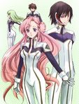  2girls ass bodysuit breasts brown_hair c.c. checkered checkered_background cleavage code_geass euphemia_li_britannia gloves green_hair kurimomo kururugi_suzaku lelouch_lamperouge long_hair looking_at_viewer medium_breasts multiple_boys multiple_girls pink_hair purple_eyes white_bodysuit 