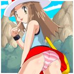  :p ass bag blue_(pokemon) breasts brown_eyes brown_hair cameltoe covered_nipples hat long_hair lowres medium_breasts mountain panties pokemoa pokemon pokemon_(game) pokemon_frlg porkpie_hat solo source_request striped striped_panties tongue tongue_out tree underwear 