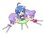  alternate_hairstyle animated animated_gif double_bun hiiragi_kagami hiiragi_tsukasa innertube izumi_konata looping_animation lowres lucky_star multiple_girls one-piece_swimsuit otoufu purple_hair school_swimsuit siblings sisters swimsuit twins 