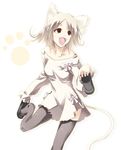  animal_ears bare_shoulders cat_ears holding holding_shoes open_mouth original putting_on_shoes satomi shoes solo thighhighs 