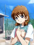  ball bench blue_sky blush brown_hair bucket chain-link_fence closed_mouth cloud crossed_arms day fence low_twintails michael ookiku_furikabutte purple_eyes shinooka_chiyo shirt short_hair short_sleeves short_twintails sky smile solo tennis_ball twintails upper_body white_shirt 