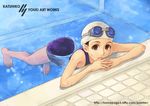  barefoot brown_eyes goggles goggles_on_head one-piece_swimsuit original pool poolside school_swimsuit solo swim_cap swimsuit yuuki_katsuhiko 