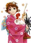  arrow bird bow brown_hair bug butterfly carrying chicken copyright_request flower grey_eyes hair_bow hair_flower hair_ornament hair_ribbon hamaya highres insect japanese_clothes kimono new_year ribbon rin-sin short_hair smile solo translated 