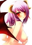 bat_wings breast_hold breasts copyright_request covering covering_breasts demon_girl demon_wings horns large_breasts looking_back nude pink_hair red_eyes solo succubus wings yukizuki_chikuba 