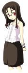  bare_shoulders black_hair glasses kirin_kakeru looking_at_viewer original red_eyes skirt solo standing 