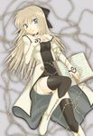  black_legwear blonde_pubic_hair blue_eyes blush book boots coat cyril elbow_gloves gloves half_updo holding holding_book knee_boots long_hair long_sleeves looking_at_viewer open_book open_clothes open_coat saki_chisuzu shining_(series) shining_force_exa solo thighhighs very_long_hair white_legwear wristband 