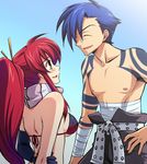  1girl bikini_top blue_hair blush couple hetero kamina kusata_murasaki long_hair ponytail red_hair sarashi shirtless smile tattoo tengen_toppa_gurren_lagann yellow_eyes yoko_littner 