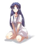  asakura_ryouko bare_legs barefoot black_hair blue_eyes blush full_body inui_nagi long_hair lowres seiza shirt short_sleeves sidelocks simple_background sitting solo suzumiya_haruhi_no_yuuutsu white_background white_shirt 