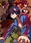  2girls bikini_top blue_hair breasts brown_eyes cleavage collarbone drill glint goggles goggles_on_head green_eyes green_skin gurren-lagann hair_ornament hair_stick ippo kamina large_breasts long_hair looking_at_viewer mecha multiple_boys multiple_girls nia_teppelin ponytail scarf simon skull_hair_ornament tengen_toppa_gurren_lagann underboob very_long_hair wide-eyed yoko_littner 