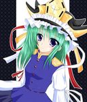  blue_eyes blush eyebrows_visible_through_hair green_hair hat hat_ribbon long_sleeves looking_at_viewer ribbon shiki_eiki shirotsuki_kouta smile solo touhou vest 