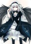 aisha_callaaisha asymmetrical_clothes black_dress black_legwear cowboy_shot cross-laced_clothes dress juliet_sleeves long_hair long_sleeves looking_at_viewer pale_skin pantyhose pink_eyes puffy_sleeves rozen_maiden silver_hair simple_background solo standing suigintou white_background 