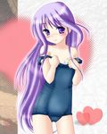  crossdressing happiness! male_focus neopure one-piece_swimsuit otoko_no_ko purple_eyes purple_hair school_swimsuit solo swimsuit swimsuit_pull undressing watarase_jun 