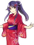  copyright_request hands japanese_clothes kimono nekomata_naomi ponytail purple_hair smile solo 