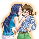  akizuki_ritsuko bare_shoulders blush braid error glasses hida_tatsuo idolmaster idolmaster_(classic) idolmaster_1 miura_azusa multiple_girls pencil_skirt shirt skirt sleeveless sleeveless_turtleneck striped striped_shirt turtleneck twin_braids vertical-striped_shirt vertical_stripes 