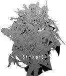  6+girls ahoge bardiche belt bow braid buckle cape caro_ru_lushe coat cross_mirage erio_mondial everyone fate_testarossa fingerless_gloves gloves graf_eisen greyscale gun hammer hat headband jacket kerykeion klarwind levantine lyrical_nanoha magazine_(weapon) magical_boy magical_girl mahou_shoujo_lyrical_nanoha_strikers midriff minigirl monochrome multiple_girls open_clothes open_coat open_jacket ponytail raising_heart reinforce_zwei revolver_knuckle schwertkreuz shamal shinozuka_atsuto signum strada subaru_nakajima sword takamachi_nanoha teana_lanster thighhighs twin_braids twintails vita waist_cape weapon yagami_hayate 