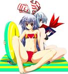  barefoot bikini feet fujiwara_no_mokou fumihiro hat hat_removed headwear_removed holding holding_hat innertube kamishirasawa_keine multiple_girls navel sitting spread_toes swimsuit touhou 