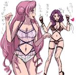  anger_vein bikini code_geass cornelia_li_britannia euphemia_li_britannia fishnet_legwear fishnets kurimomo multiple_girls pink_hair purple_eyes purple_hair swimsuit thighhighs translated 