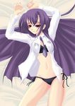  bed black_panties blush bra frapowa ginga_nakajima green_eyes lingerie lyrical_nanoha mahou_shoujo_lyrical_nanoha_strikers open_clothes open_shirt panties purple_hair shirt side-tie_panties solo underwear 