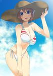  bikini blue_eyes breasts brown_hair cleavage cloud day folded_ponytail hat komaki_manaka large_breasts leaning_forward looking_at_viewer mizuki_makoto short_hair solo swimsuit to_heart_2 wide_hips 