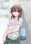  adjusting_clothes adjusting_skirt bag bra brown_eyes brown_hair long_hair mattaku_mousuke original parted_lips pleated_skirt school_uniform see-through shirt short_sleeves shoulder_bag skirt solo underwear watermark web_address wet wet_clothes wet_shirt white_shirt 