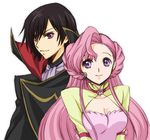  1girl asymmetrical_hair black_hair breasts cleavage code_geass collarbone euphemia_li_britannia kurimomo lelouch_lamperouge lips long_hair long_sleeves medium_breasts military military_uniform pink_hair purple_eyes sidelocks smile smirk uniform upper_body 