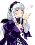  ;o black_wings blush breasts cleavage frilled_sleeves frills hairband heart ichikawa_masahiro juliet_sleeves lolita_hairband long_hair long_sleeves medium_breasts one_eye_closed parted_lips pink_eyes puffy_sleeves rozen_maiden silver_hair solo suigintou upper_body wings 