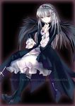  aisha_callaaisha black_wings cape cross-laced_clothes dress frills hairband lolita_hairband long_hair long_sleeves looking_at_viewer pale_skin pink_eyes rozen_maiden silver_hair sitting solo suigintou white_dress wings 