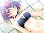  :o ahoge bikini bikini_top blush brown_eyes choker game_cg hitoyume kurashima_tomoyasu lying navel on_back red_hair sakakibara_miku short_hair solo swimsuit wet 