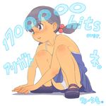  bare_shoulders bokurano dress goggles hair_bobbles hair_ornament hits open_mouth panties pantyshot pantyshot_(squatting) parted_lips purple_eyes purple_hair ryo_chimo short_twintails solo squatting translation_request twintails underwear ushiro_kana white_panties 