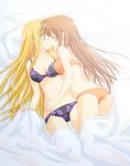  bed bed_sheet blonde_hair bra cuddling fate_testarossa happy kiss lingerie long_hair lyrical_nanoha mahou_shoujo_lyrical_nanoha_strikers multiple_girls panties pillow saki_chisuzu surprise_kiss surprised takamachi_nanoha underwear underwear_only very_long_hair wide-eyed yuri 